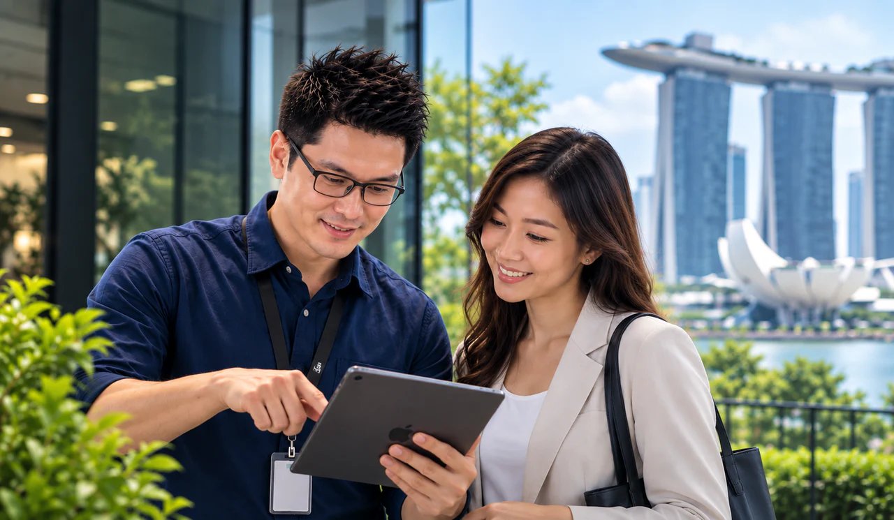 A Seven7 representative guiding a business customer with a tablet in Singapore