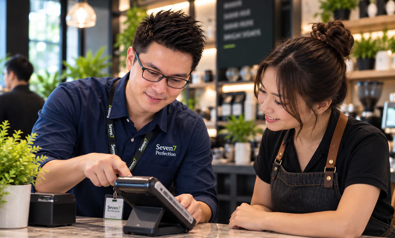 A Seven7 representative assisting a café merchant with a payment terminal