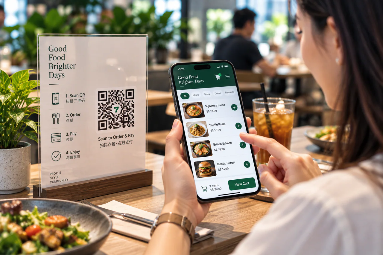 A restaurant customer scanning, ordering and paying on her own smartphone at the table