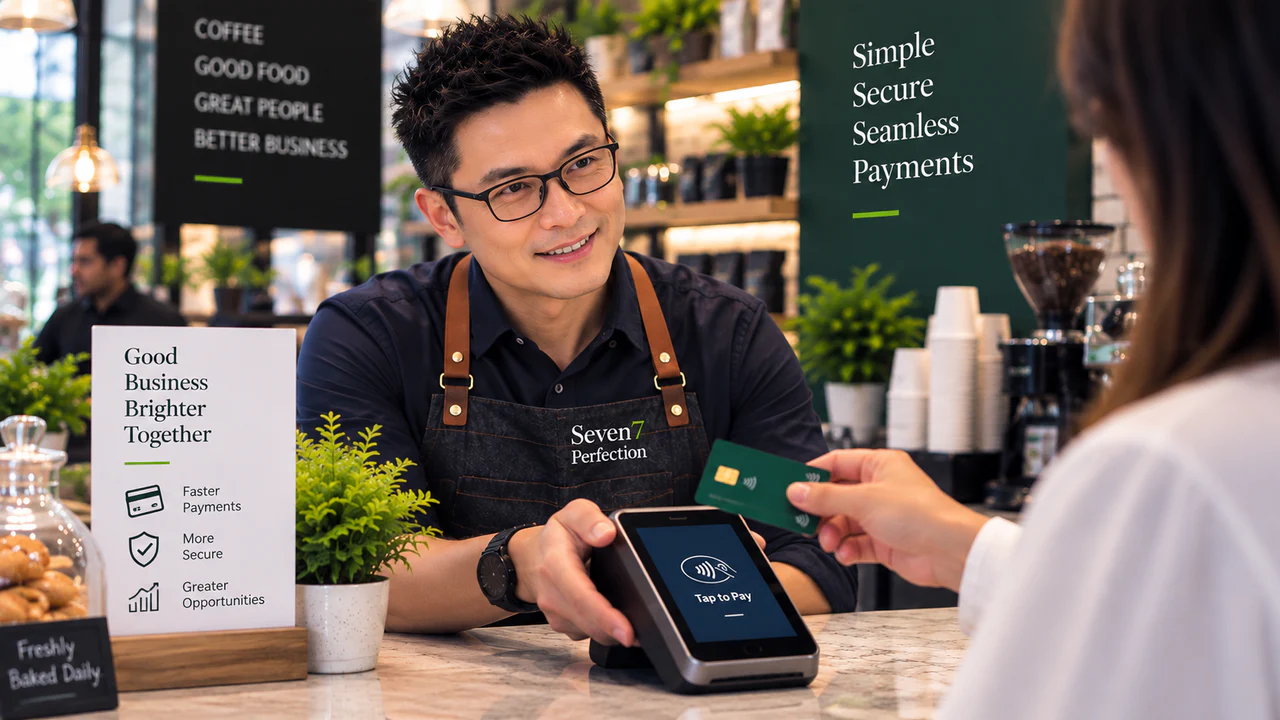 A merchant presenting a payment terminal while a customer taps a contactless card