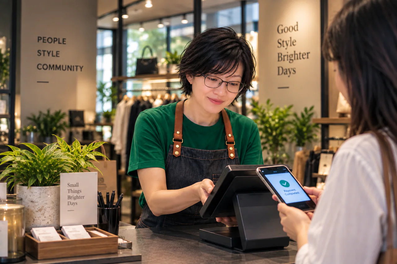 A boutique merchant helping a customer complete a connected payment at the counter