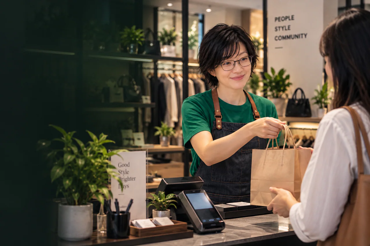 A boutique merchant handing a purchase to a customer beside the payment counter