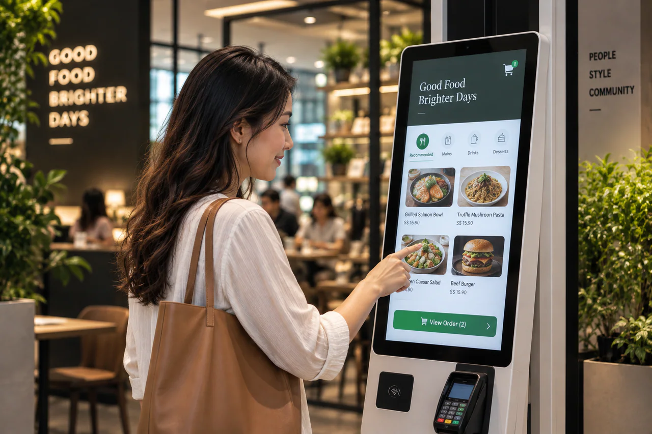 A customer placing her own order at a full-size self-service kiosk